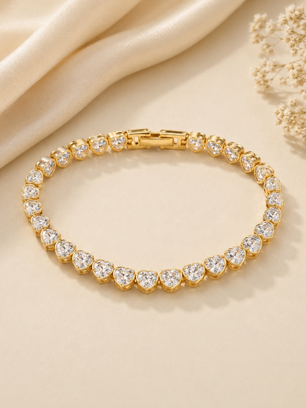14K Gold filled Heart Crystal Tennis Bracelet. AAAAA CZ. Stamped